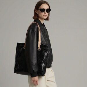 Jessica Elegant Black Tote with Tan Straps